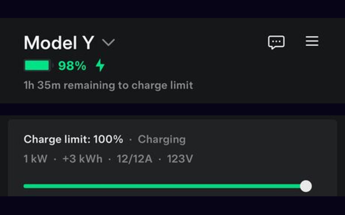 Tesla app charging screen: Model Y at 98% with 1h 35m remaining to the charge limit, drawing 1 kW at 12/12A and 123V on a standard household outlet.