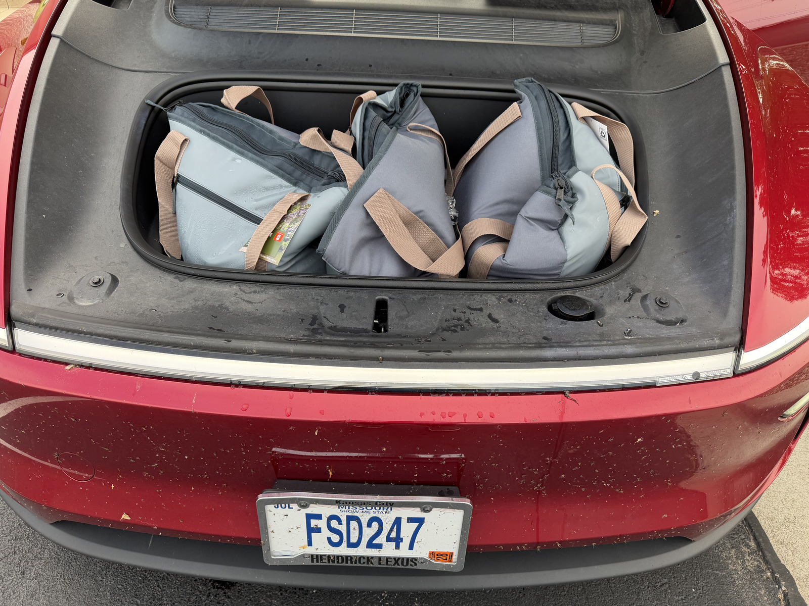 Three soft-sided cooler bags packed with ice sitting in the front trunk of a red Tesla Model Y, the front end below covered in road-trip bugs.