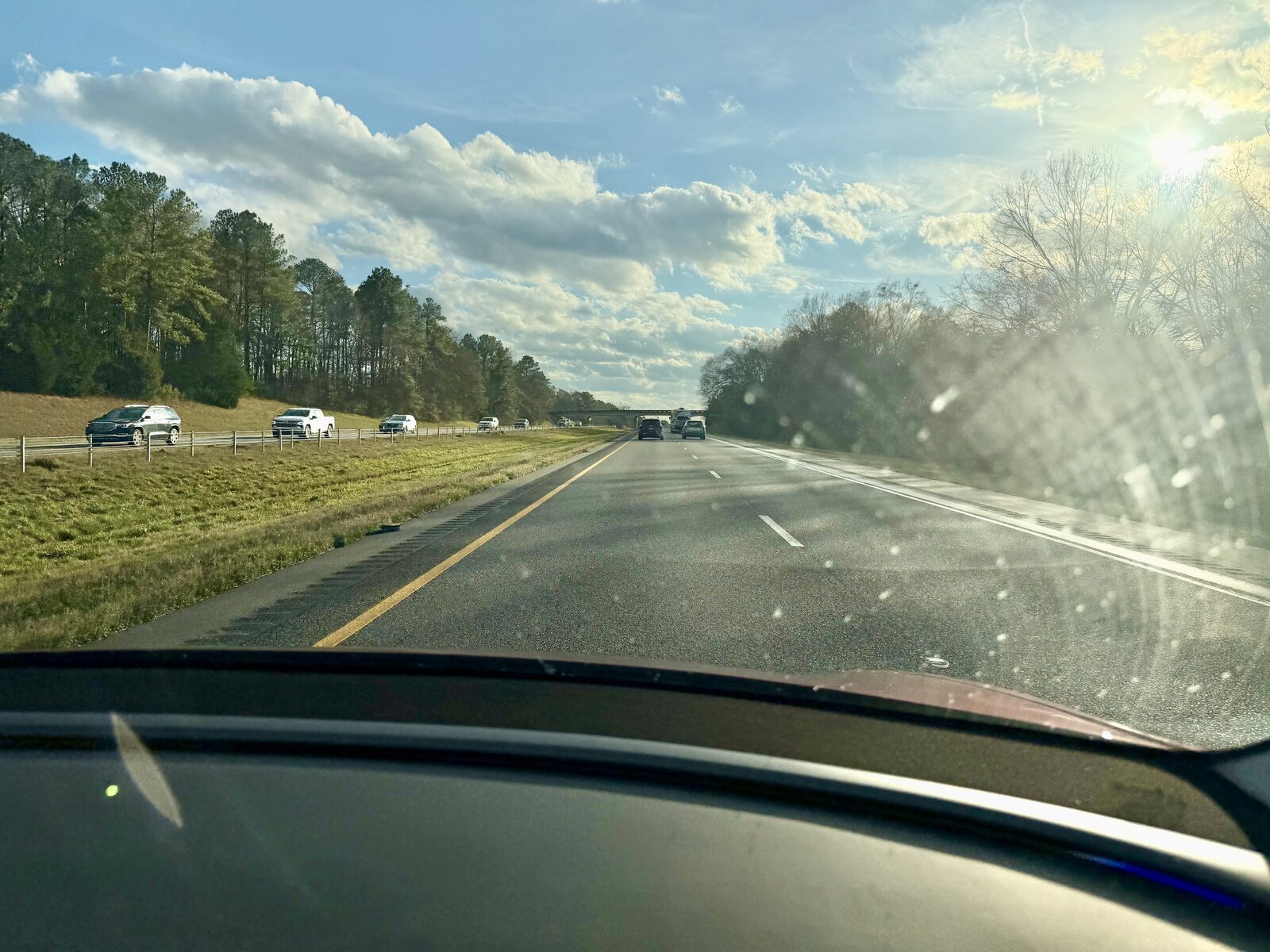 Bug-spotted Tesla windshield view down a southern interstate lined with pines, sun flaring ahead.