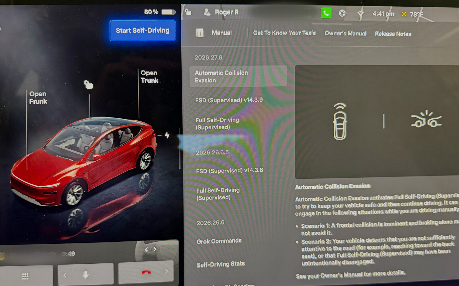 Tesla center screen showing the 2026.27.6 release notes, with Automatic Collision Evasion selected and FSD (Supervised) v14.3.9 listed below it.