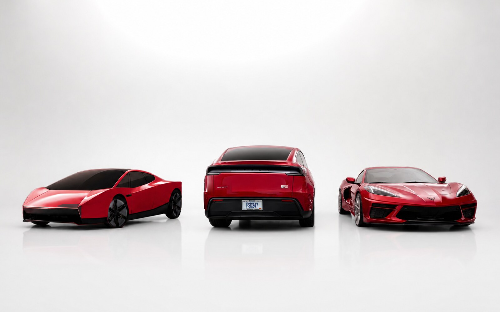 Three red cars side by side on a white studio background: the new Tesla Roadster from the front three-quarter angle, Roger's Tesla Model Y from the rear with the FSD247 plate, and a Chevrolet Corvette C8 from the front.