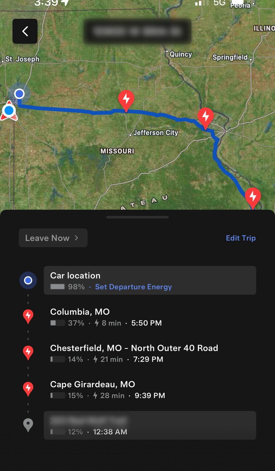 Tesla trip planner showing a 505.7 mile route with three Supercharger stops and the battery percentage on arrival at each one.